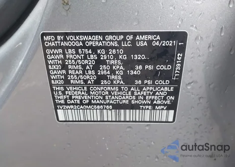 2021 Volkswagen Atlas 3.6L V6 Se W/Technology from USA, damaged, VIN 1V2WR2CA0MC586766